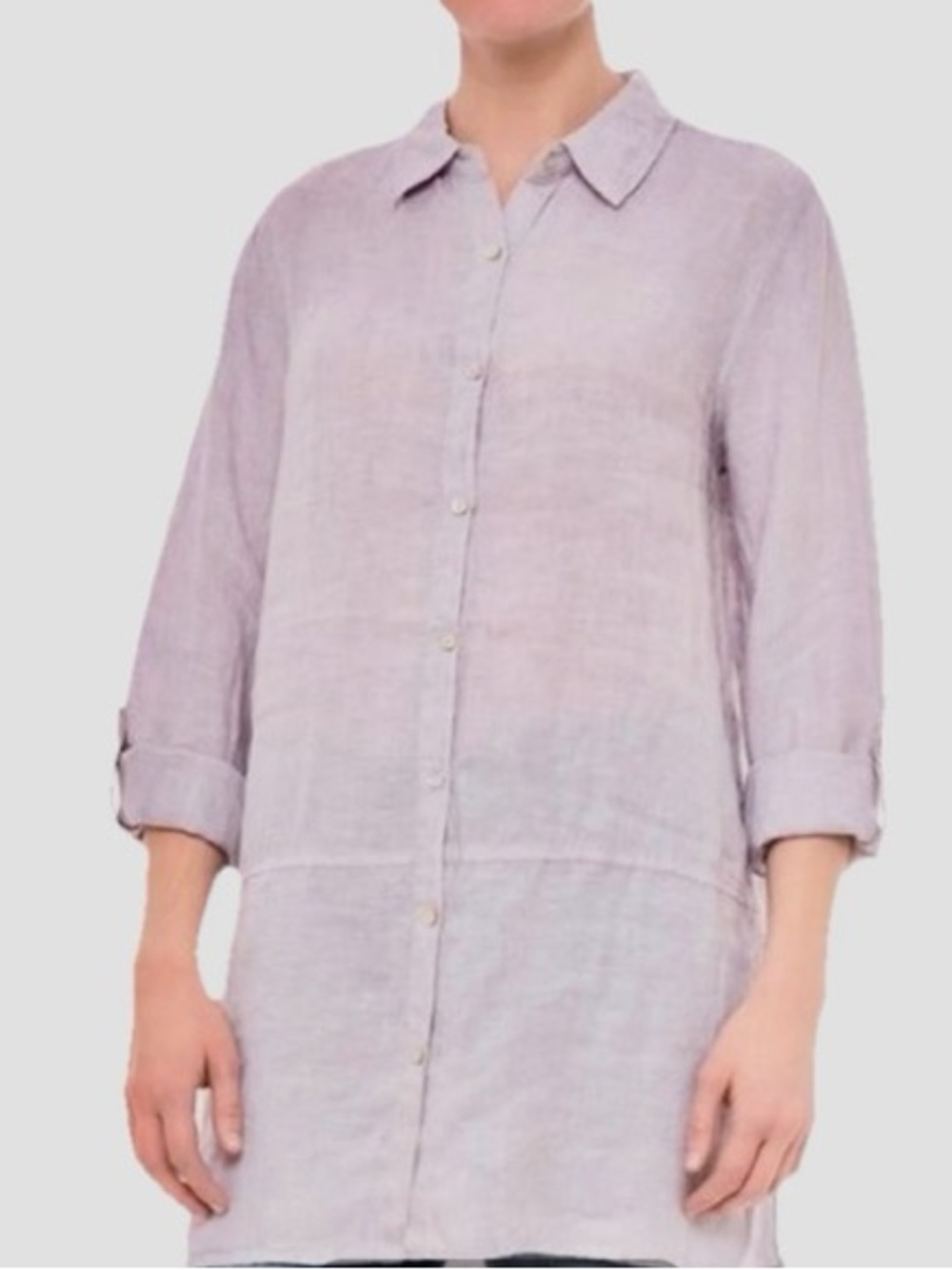 Tahari Essentials 100% Linen Lavender Button Down Long Sleeve Tunic Top Shirt